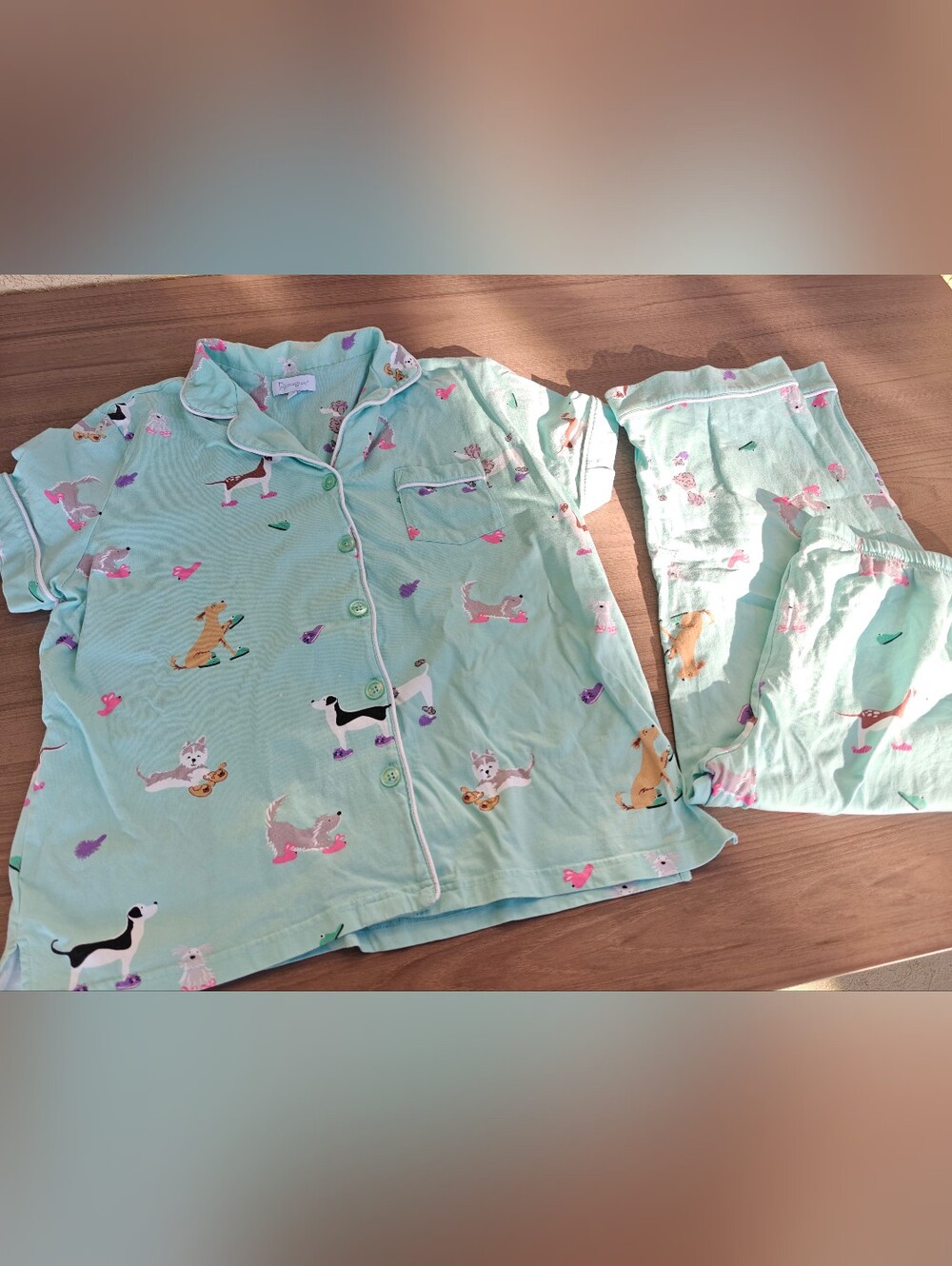 PajamaGram Doggy Dreams Short-Sleeve Button-Front Pajama Set Pajama Set Green &